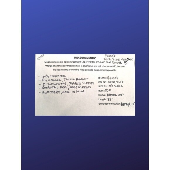 Chico’s Oversized Blouse, Tab Sleeve, ROYAL BLUE, Chico’s Size 1/US Size 8, NWOT - Picture 9 of 9